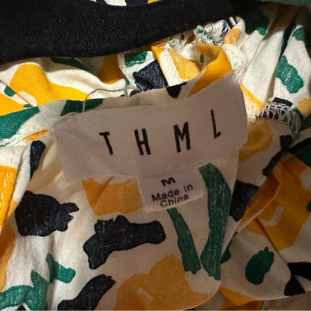 THML Yellow White Green Floral Ruffle Sleeve Top Women’s Size Medium 100% Cotton - Picture 3 of 4
